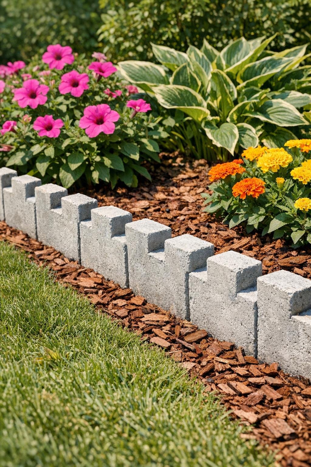 Finished castle-top concrete garden edging bordering a flower bed
