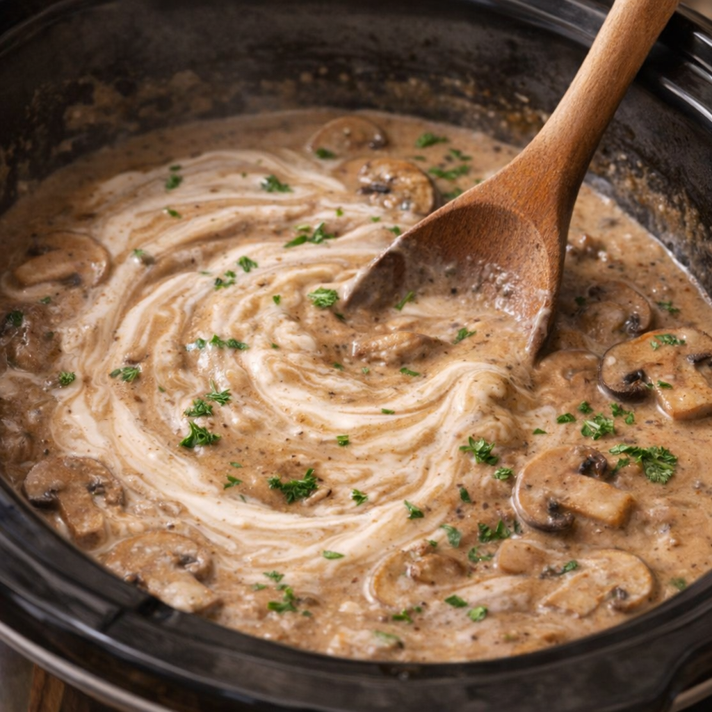 Cream being stirred into mushroom sauce in the slow cooker
