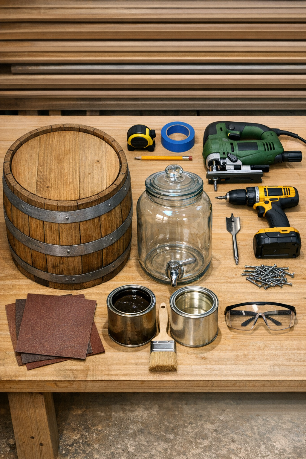 Materials for building a wooden barrel beverage dispenser stand