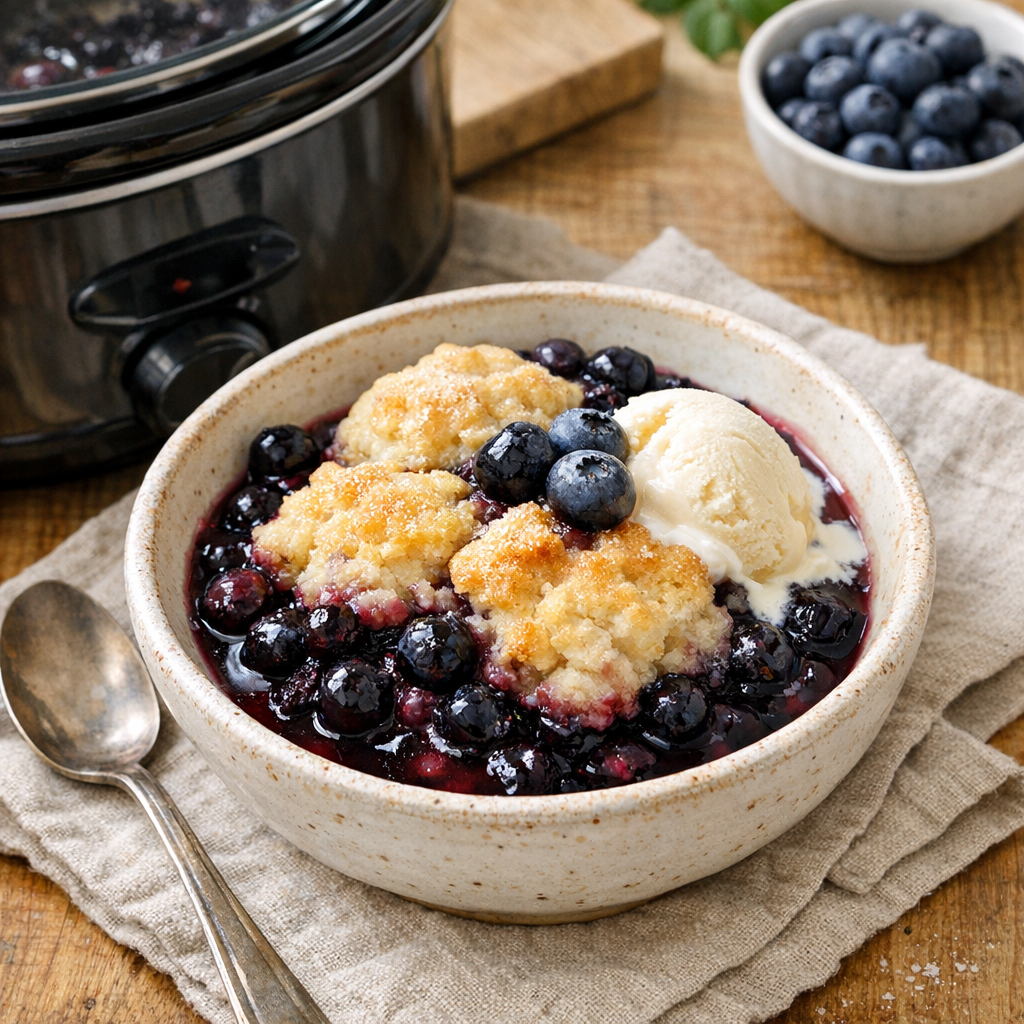 Finished blueberry slump in a serving bowl