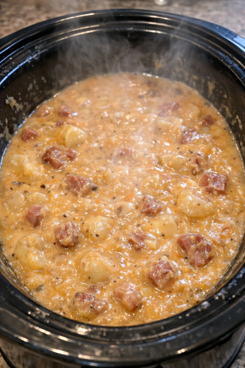 Slow cooker filled with creamy amber-hued dinner