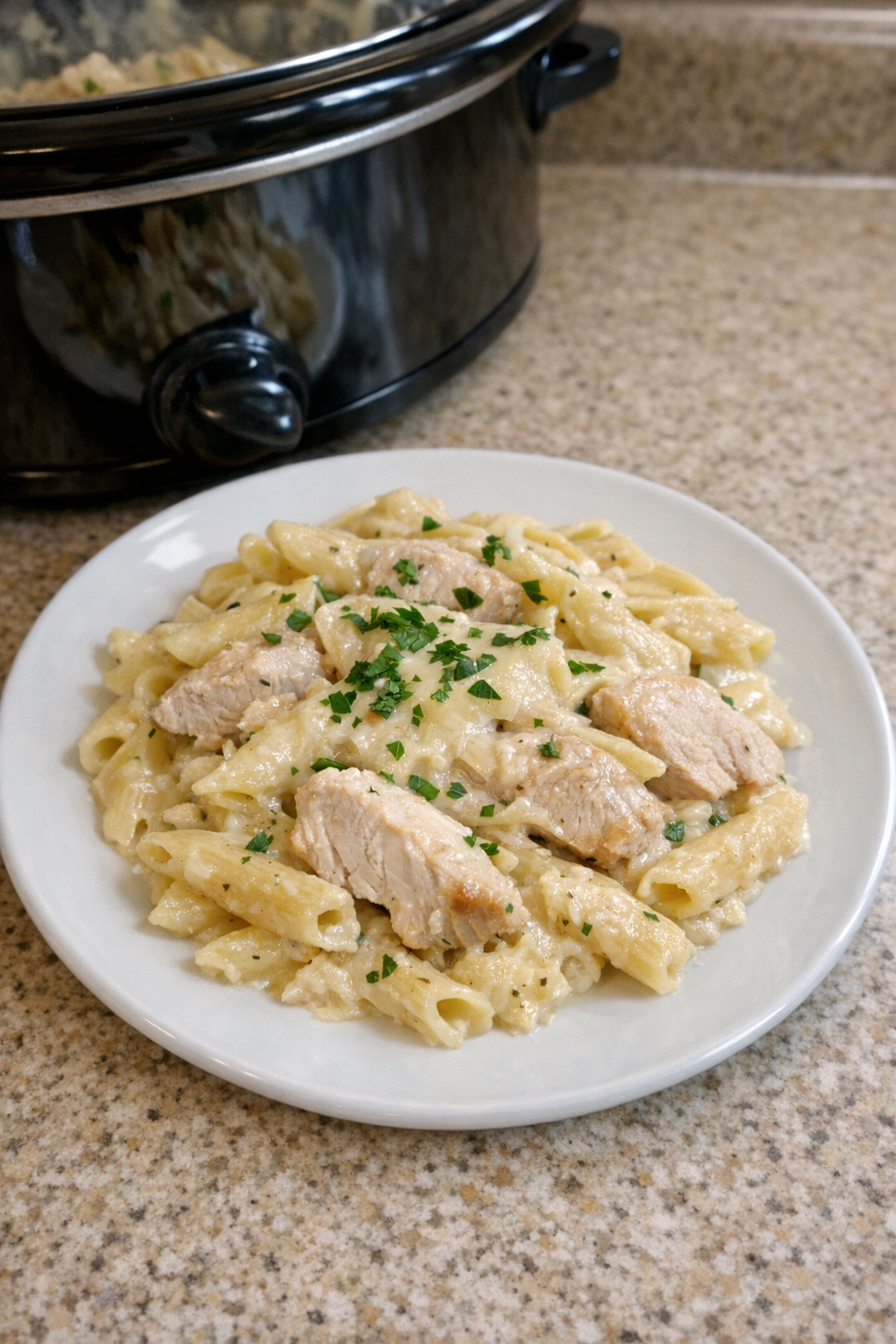 Finished plated Monterey Jack turkey pasta