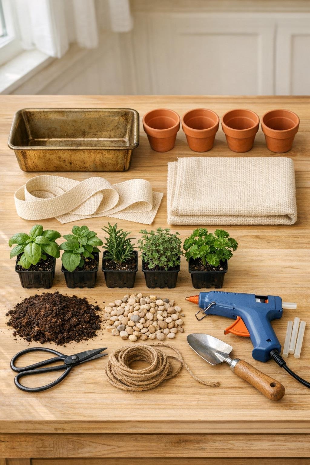 Materials for a loaf pan herb planter laid out on a table
