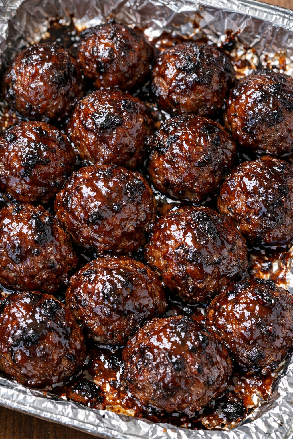 Low carb 3-ingredient BBQ meatball bombs on a foil tray