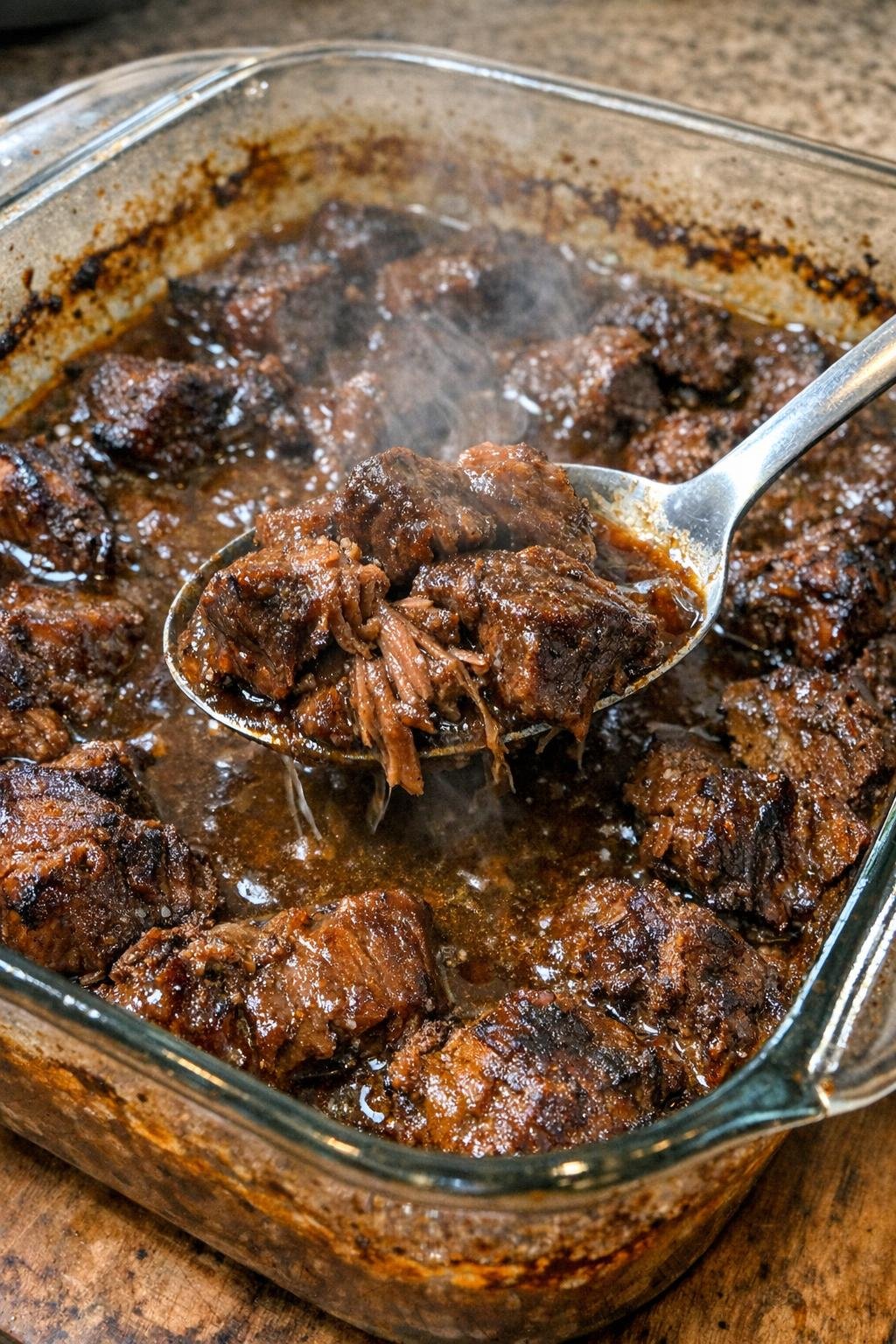 Tender beef chunks in rich brown gravy in a glass casserole dish