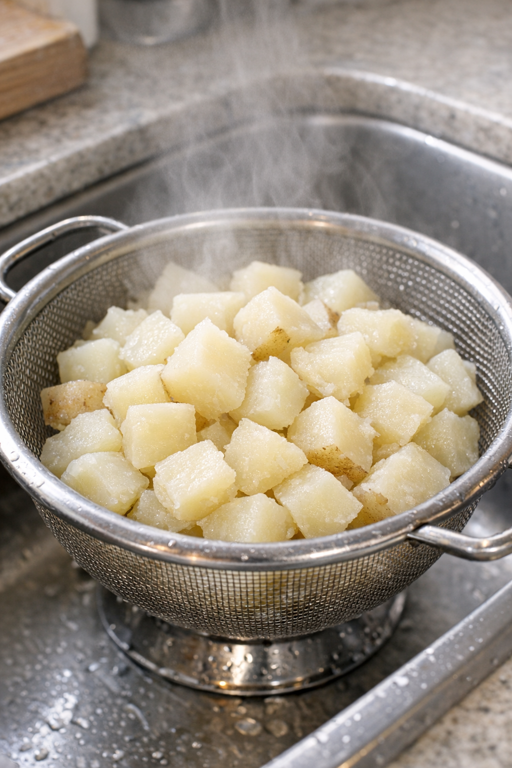 Parboiled potato chunks draining in a colander