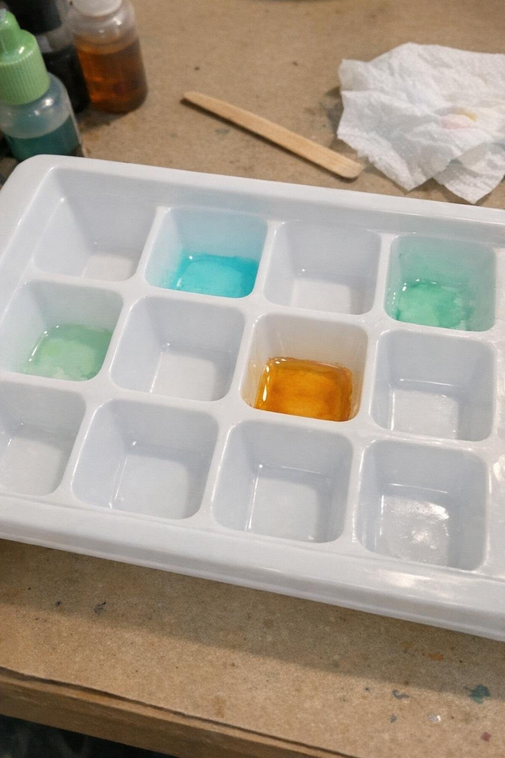Alcohol ink added lightly to the wells of an ice cube tray
