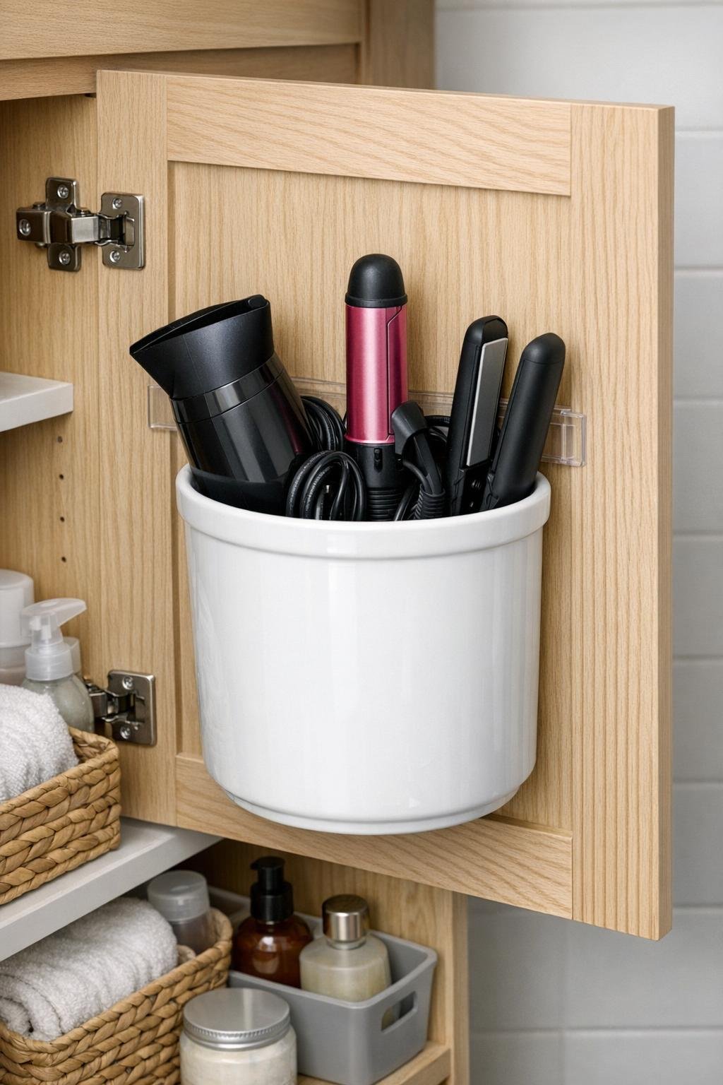 Finished white ceramic crock hair tool holder mounted inside the cabinet door