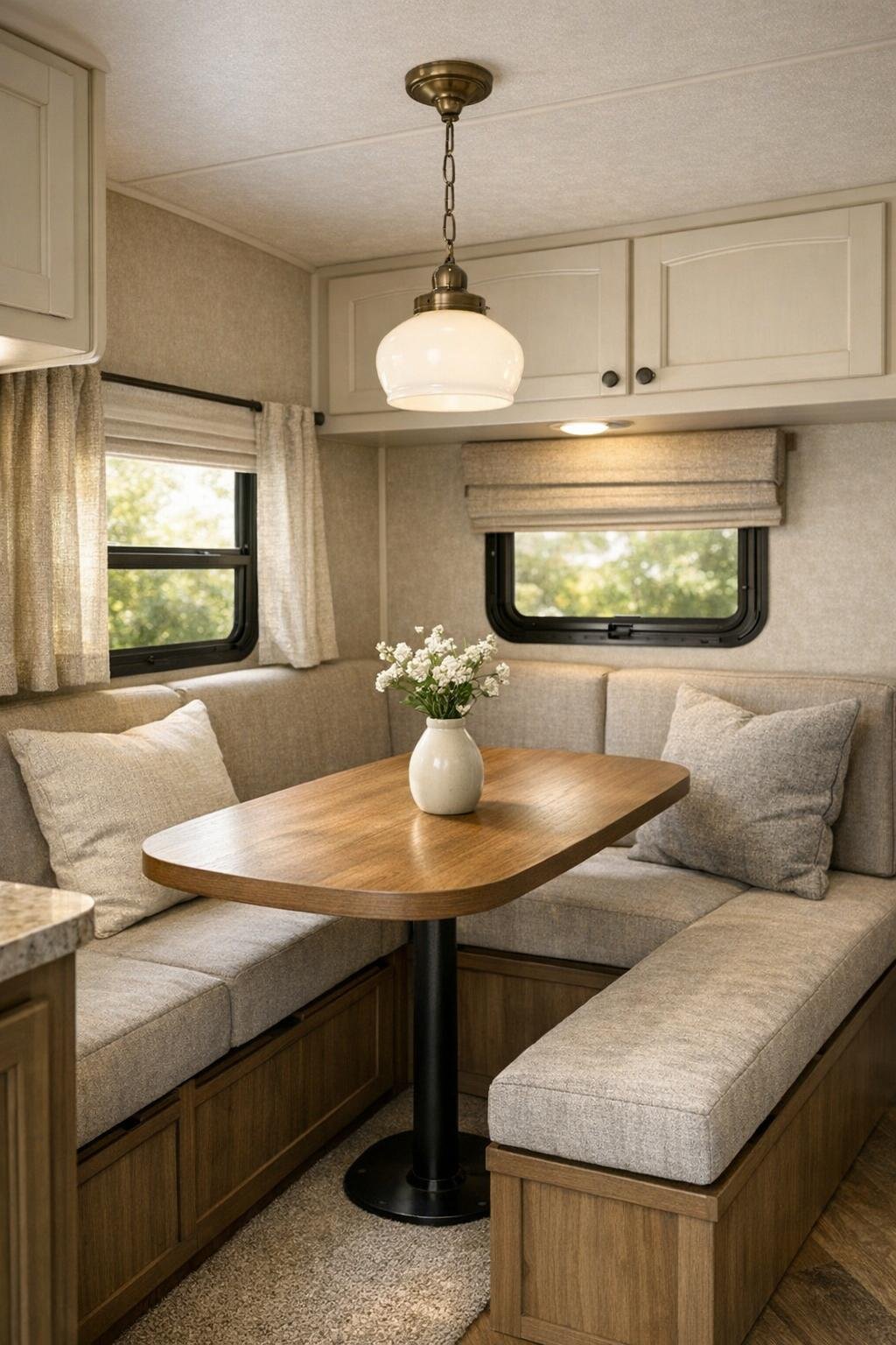 Cozy camper dining nook with a built-in banquette and slim wood table