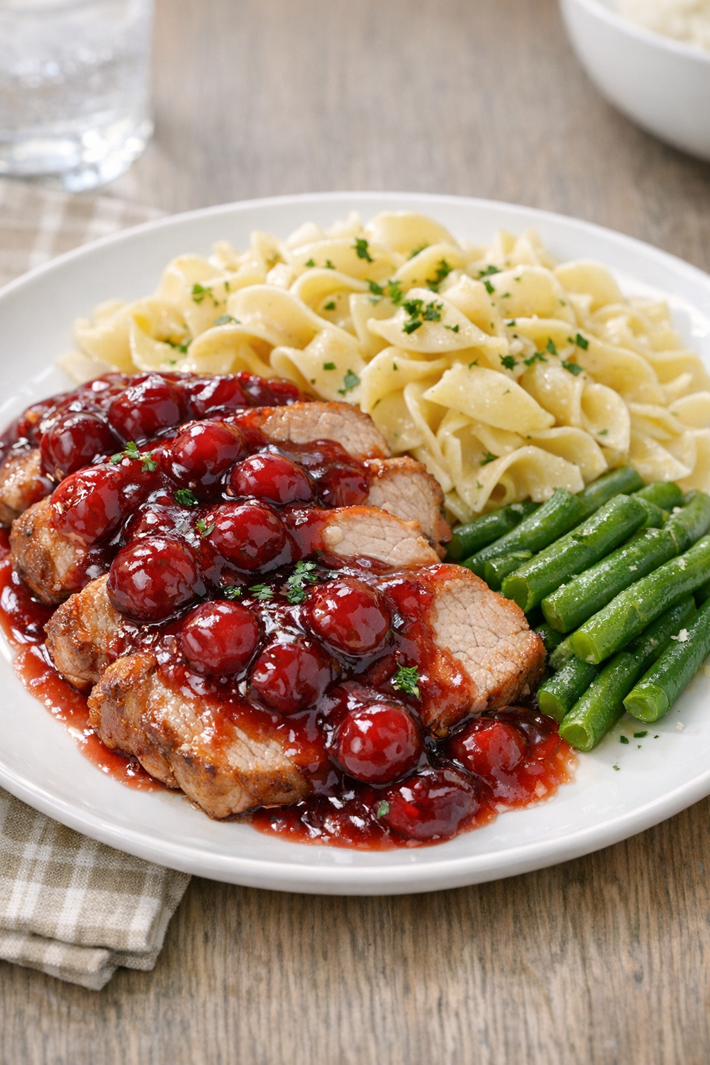 Finished cherry pork plated with sauce