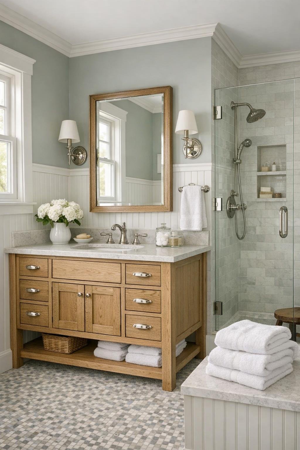 Classic cottage bathroom with oak vanity, beadboard walls, and soft mosaic tile floor