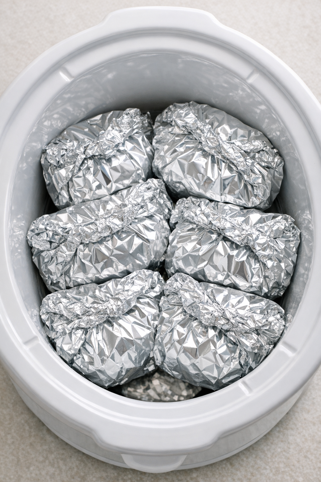 Foil packets arranged inside a white slow cooker
