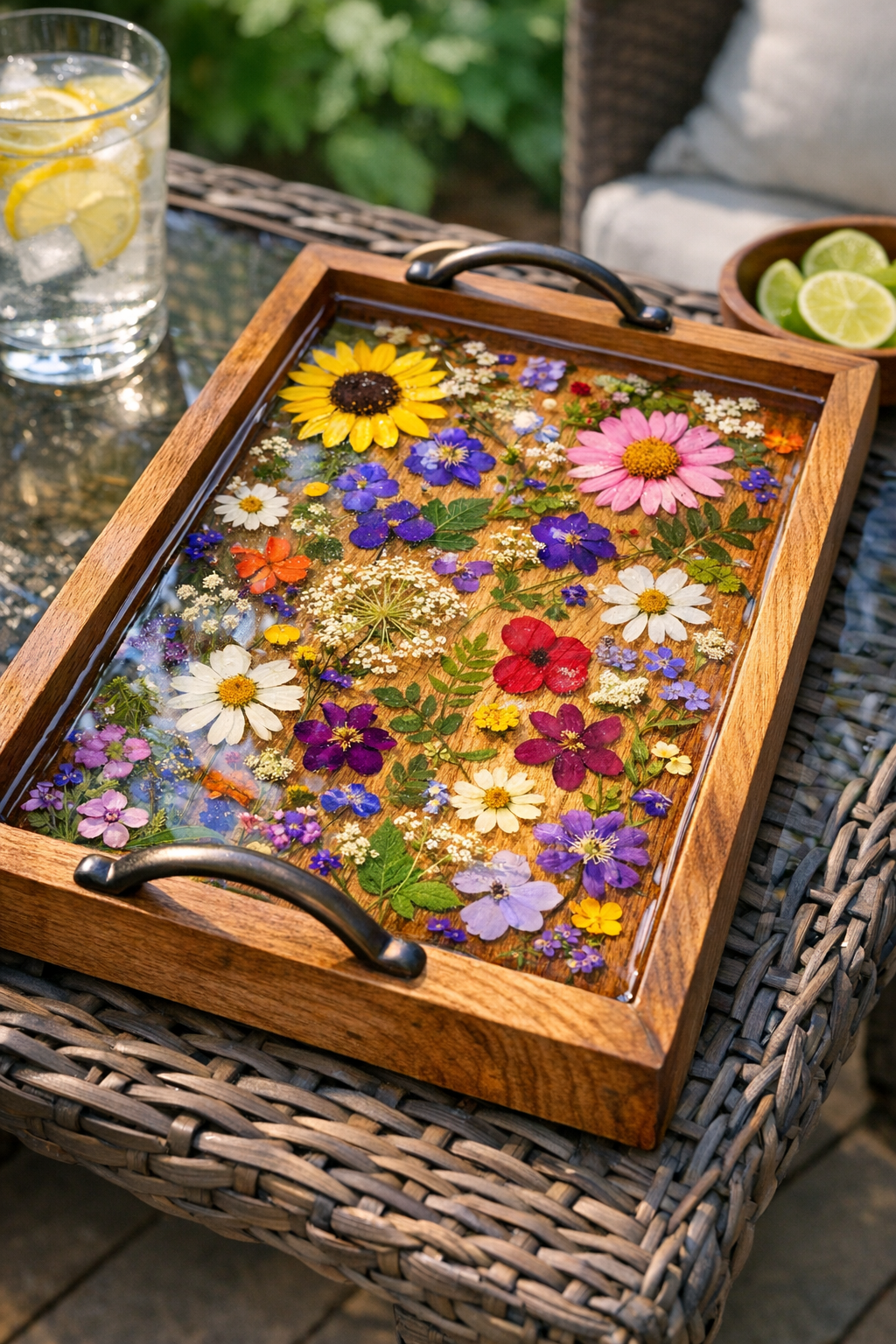 Finished wooden serving tray with wildflowers sealed under clear epoxy resin