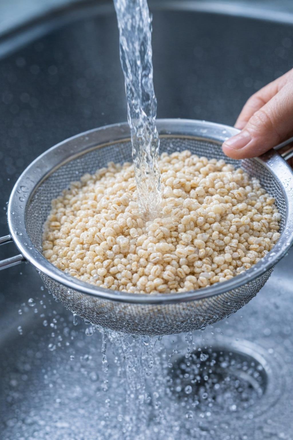 Pearl barley being rinsed in a mesh strainer over the sink