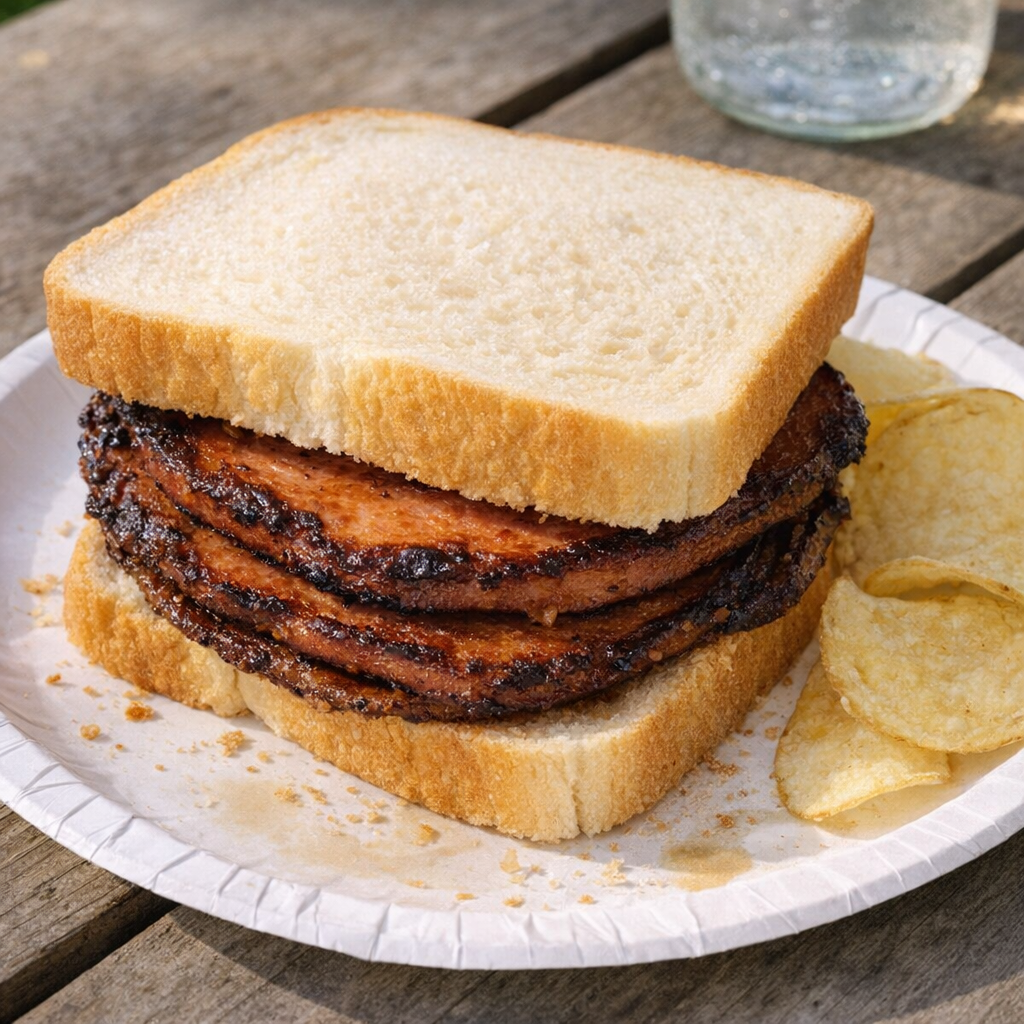 Stegt bologna sandwich på en veranda plade