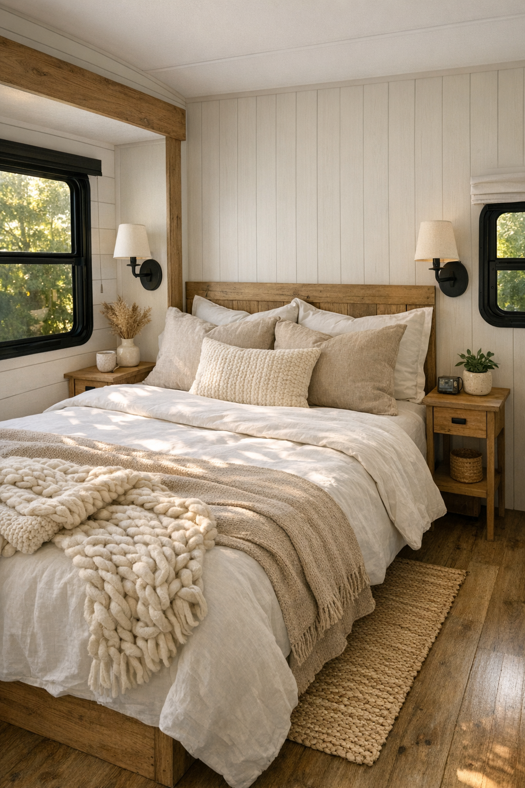 Serene farmhouse bedroom with layered neutral bedding, wall sconces, and soft natural light