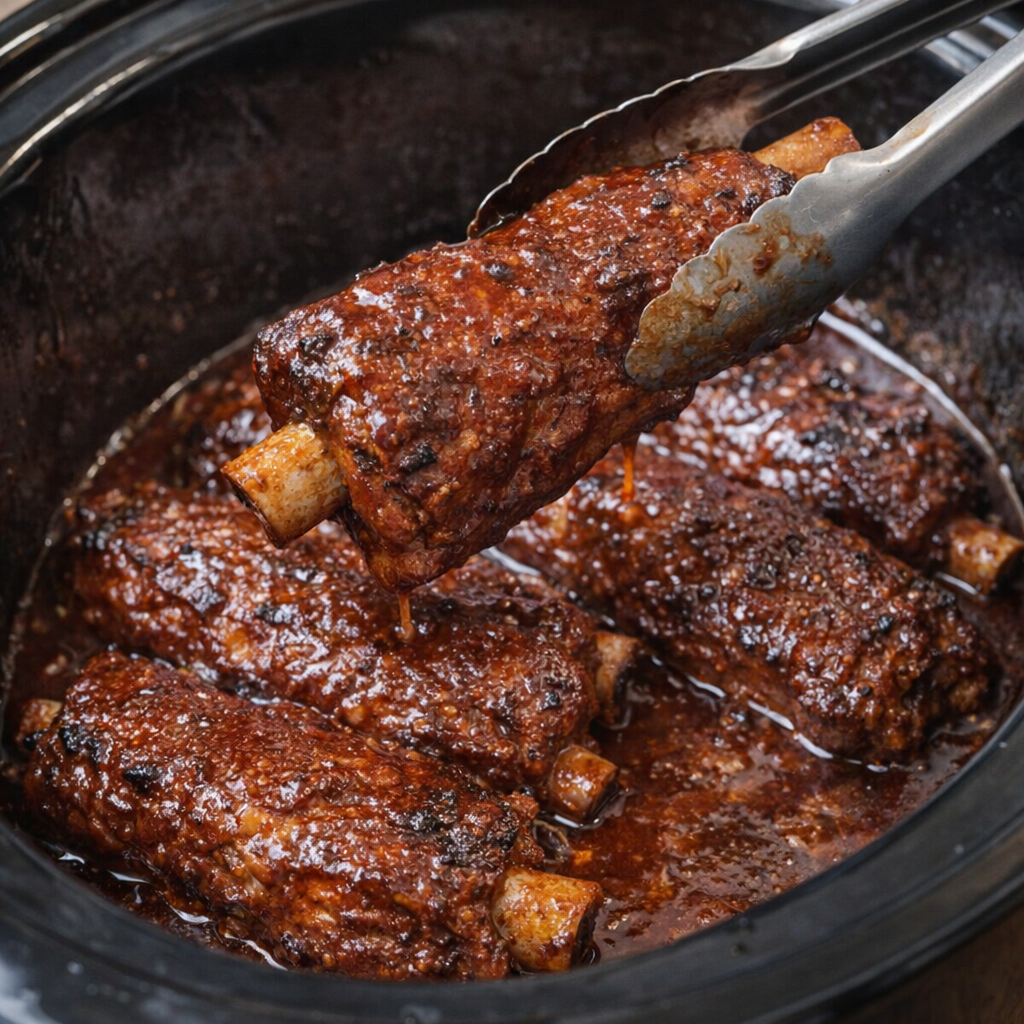 Ribs coated in barbecue sauce inside a slow cooker
