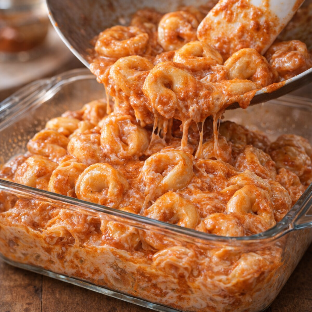Tortellini coated in creamy marinara before baking