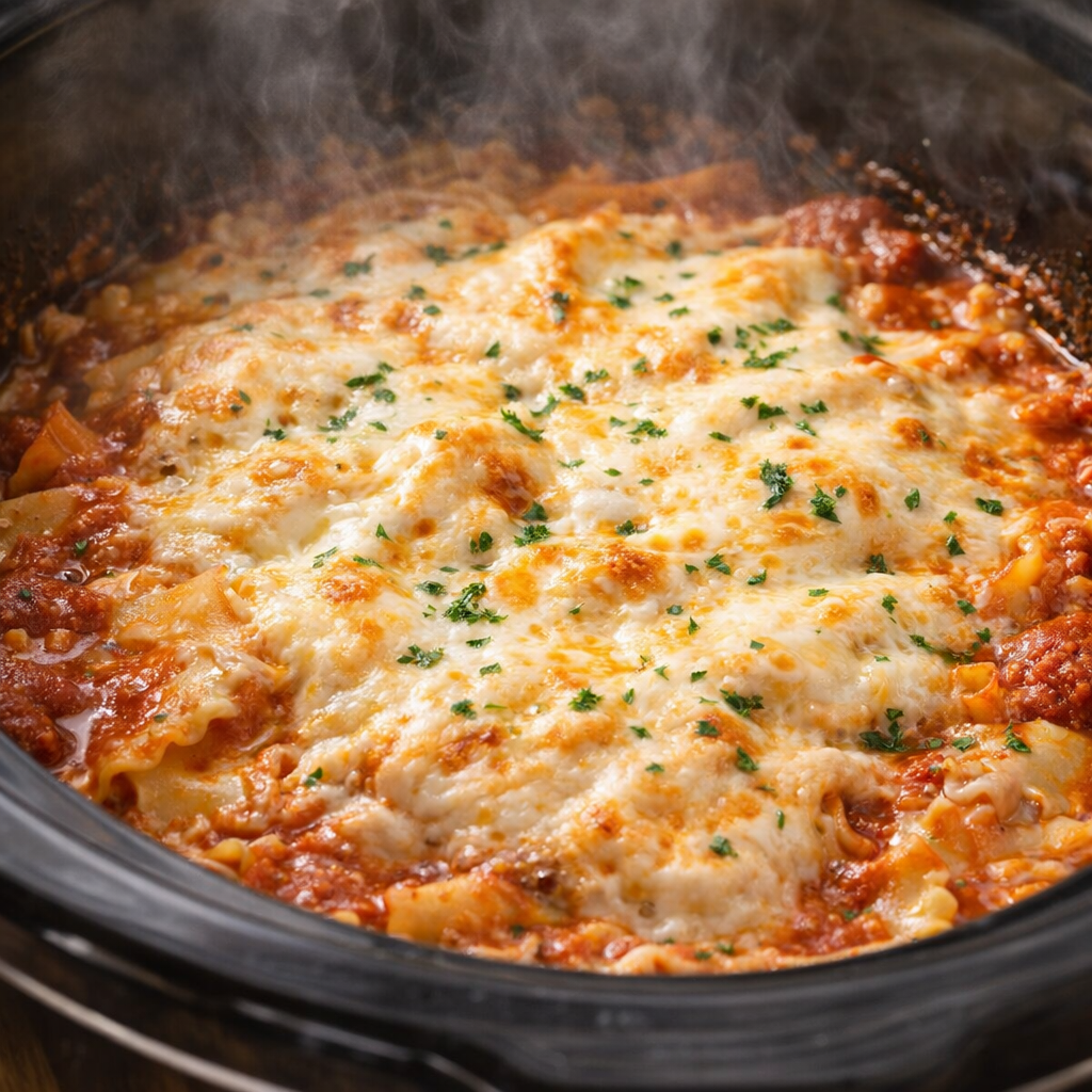Finished slow cooker lasagna with melted cheese and bubbling edges