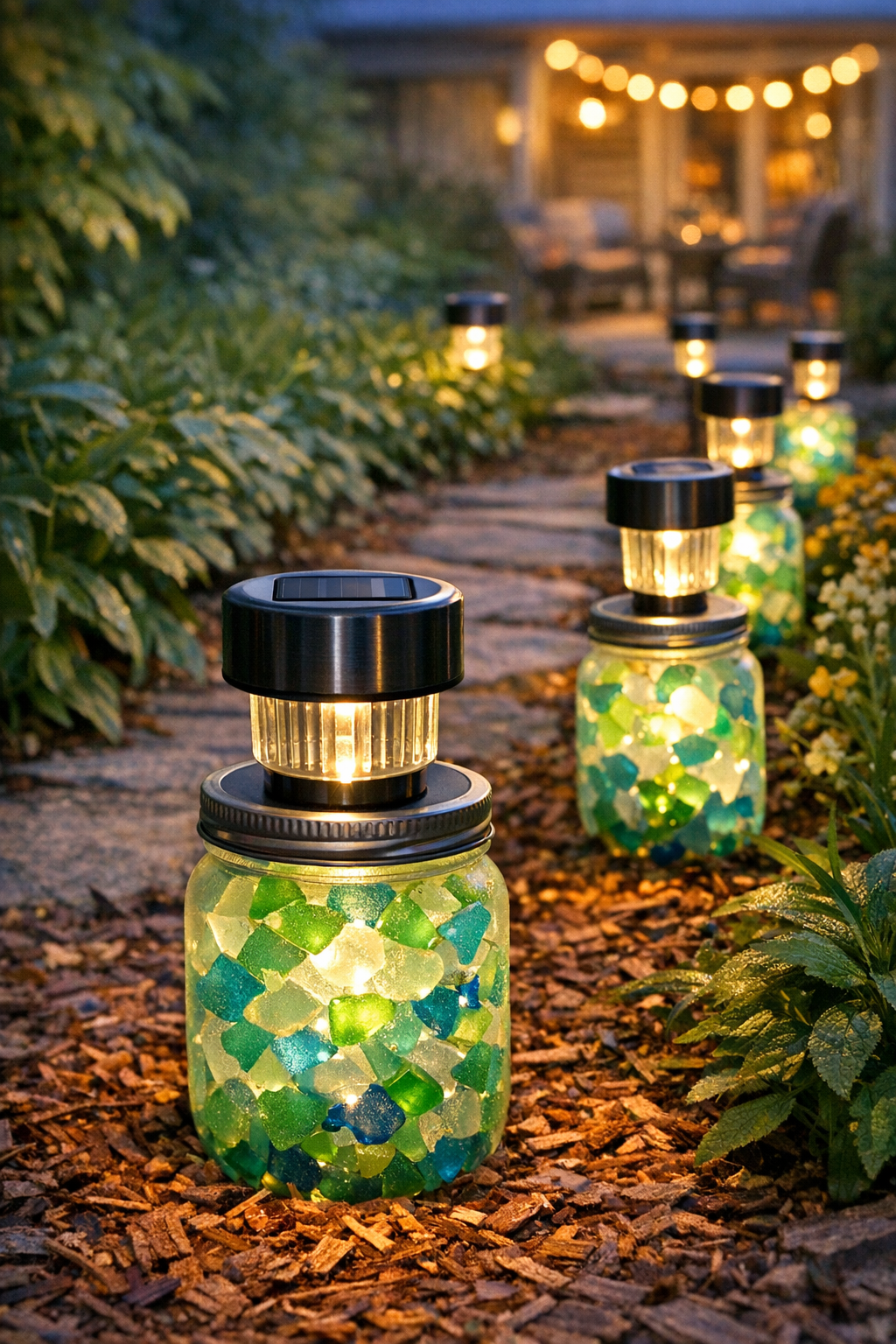 Finished frosted jar solar pathway lights along a backyard path