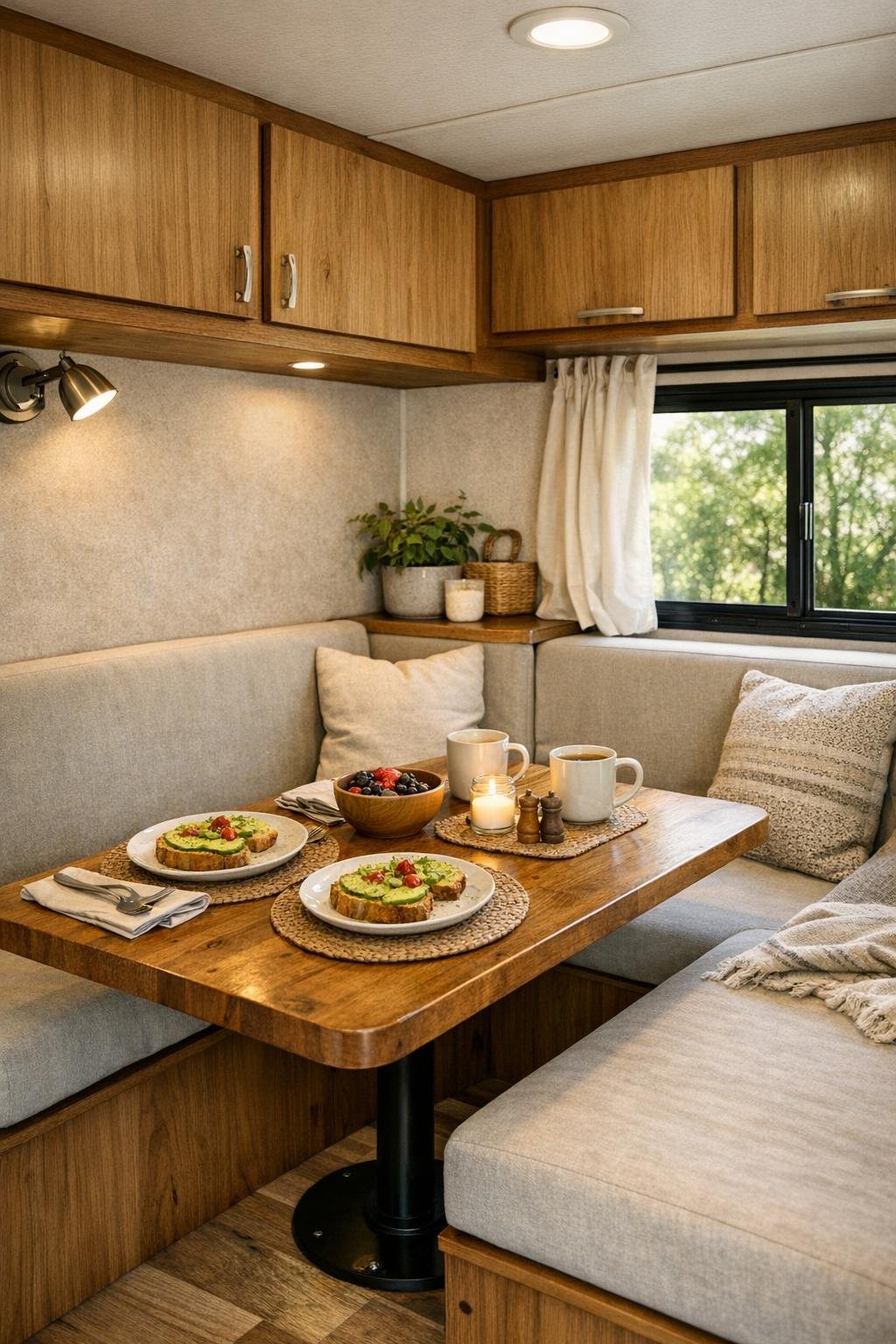 Small camper dining nook with wood table and cushioned bench seating
