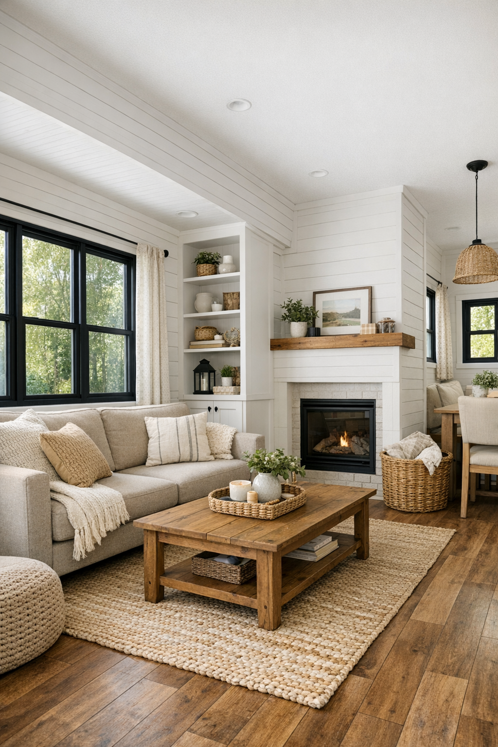 Bright farmhouse style living room with a light sofa, wood coffee table, woven rug, and black-framed windows