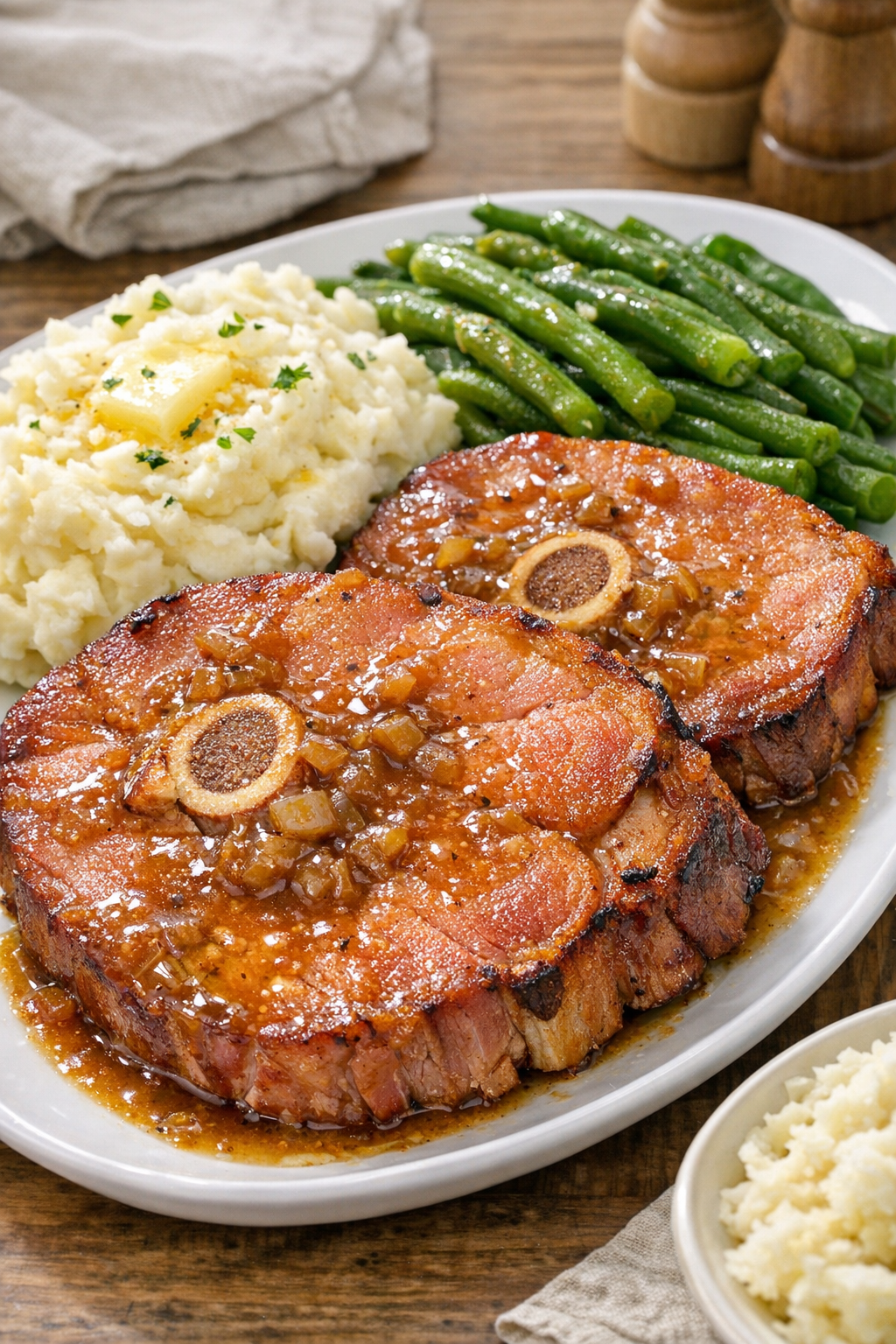 Plated slow cooker ham steak dinner