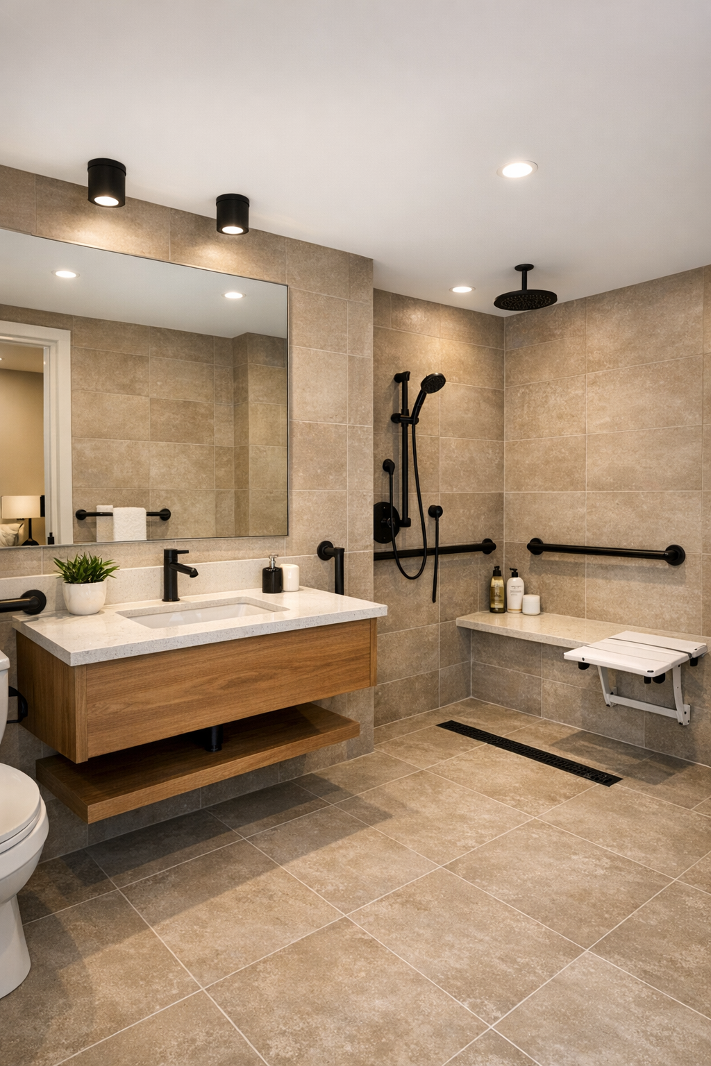 Modern accessible bathroom with curbless shower and floating wood vanity