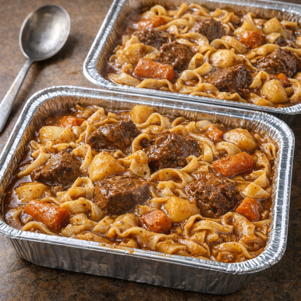 Beef stew noodles portioned into foil meal-prep trays