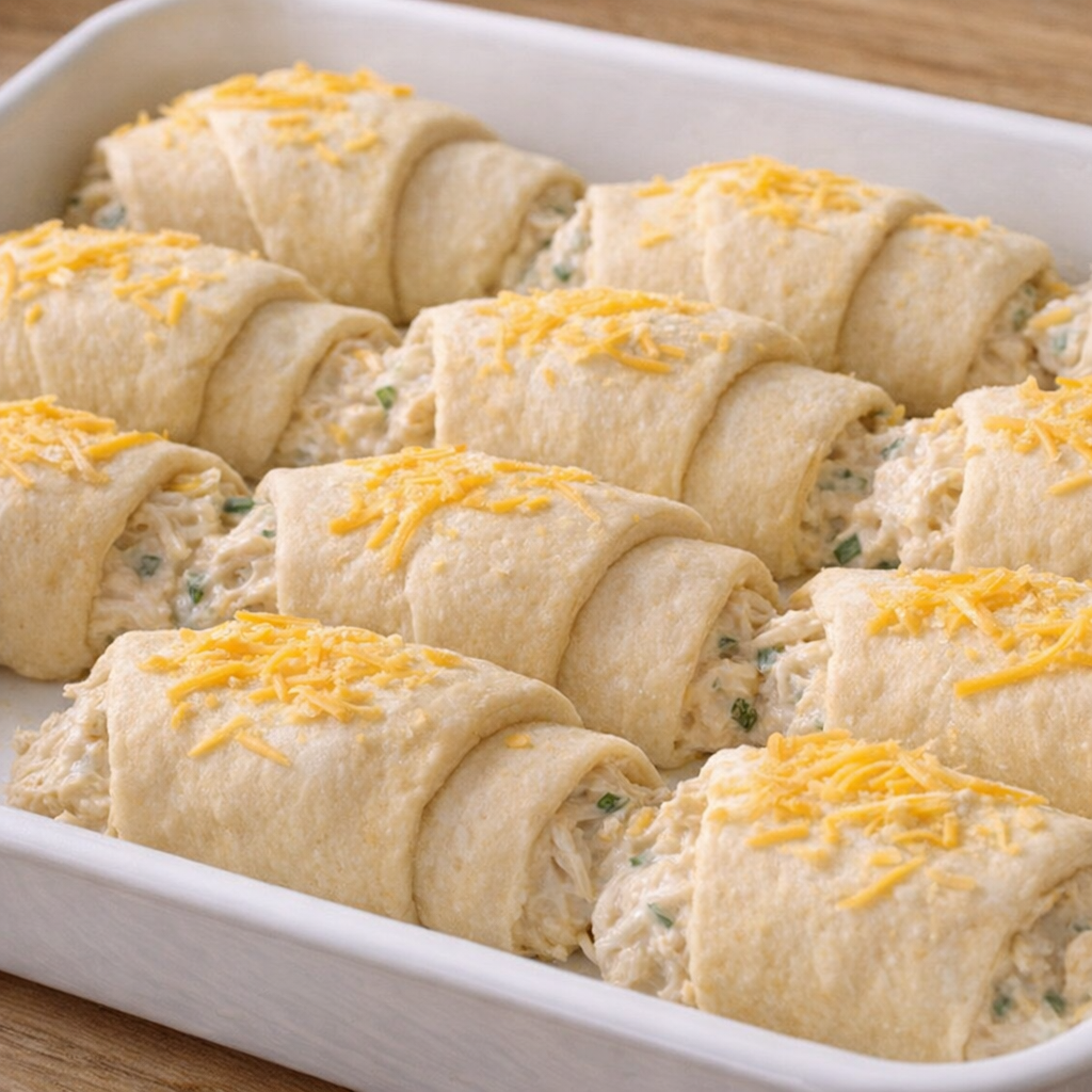 Unbaked crescent rolls arranged in baking dish