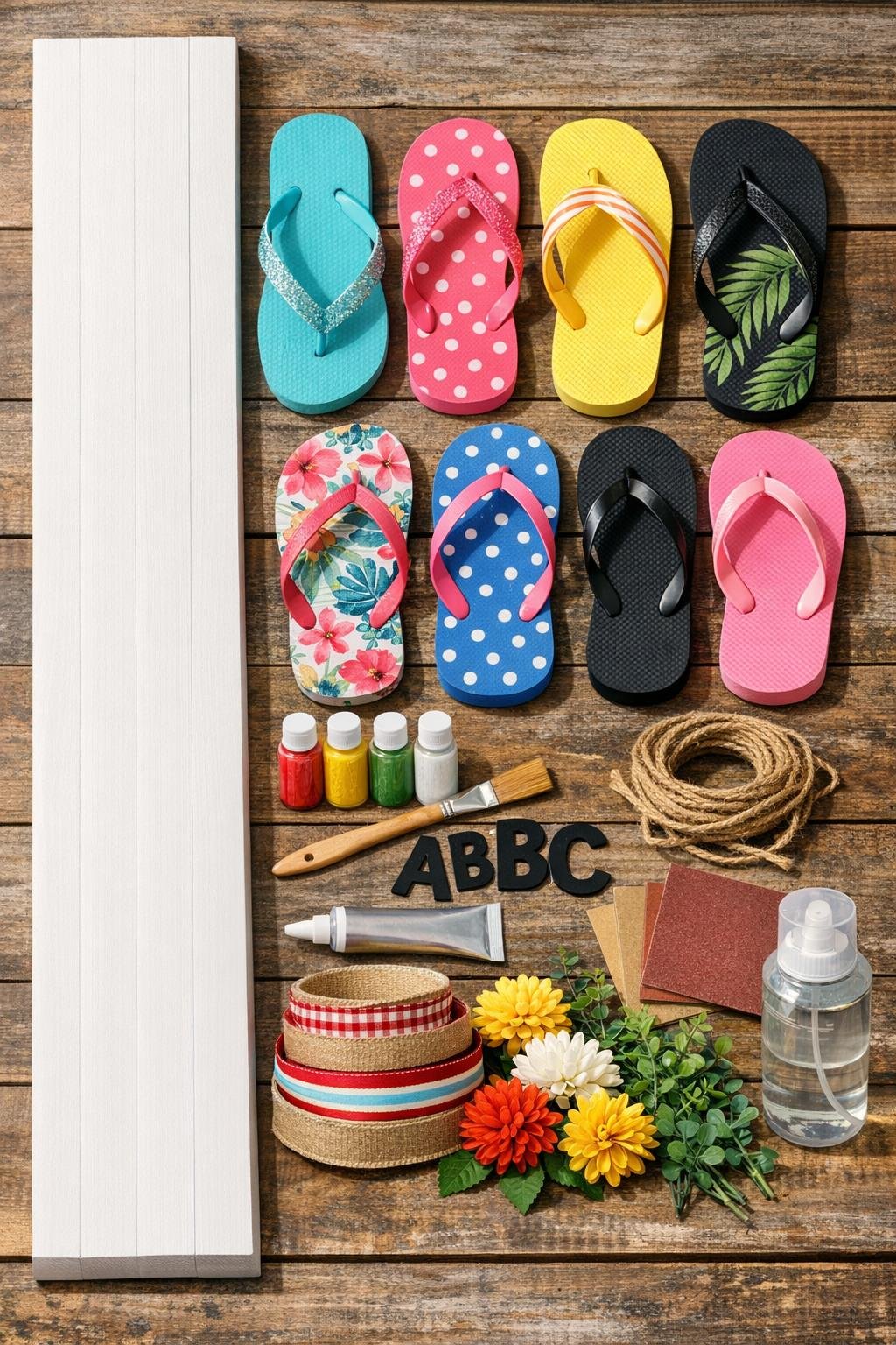 Materials for a flip flop porch welcome sign laid out on a table