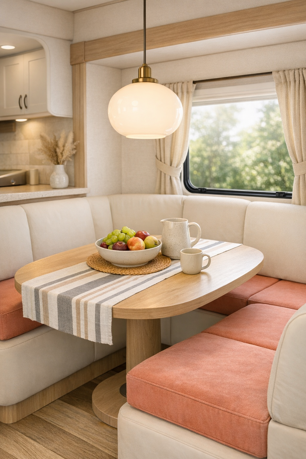 Cozy RV dining nook with banquette seating and coral upholstery