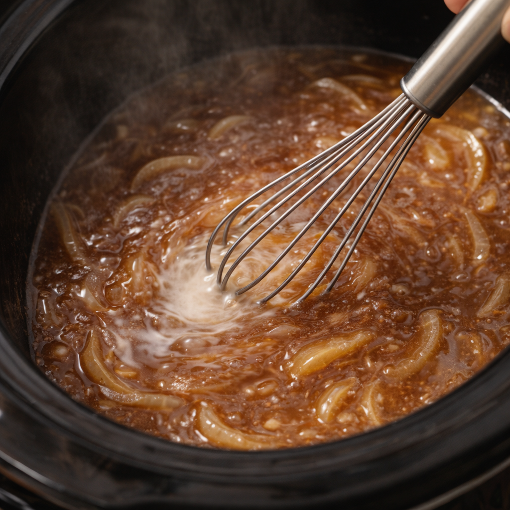 Cornstarch slurry being whisked into gravy in the slow cooker