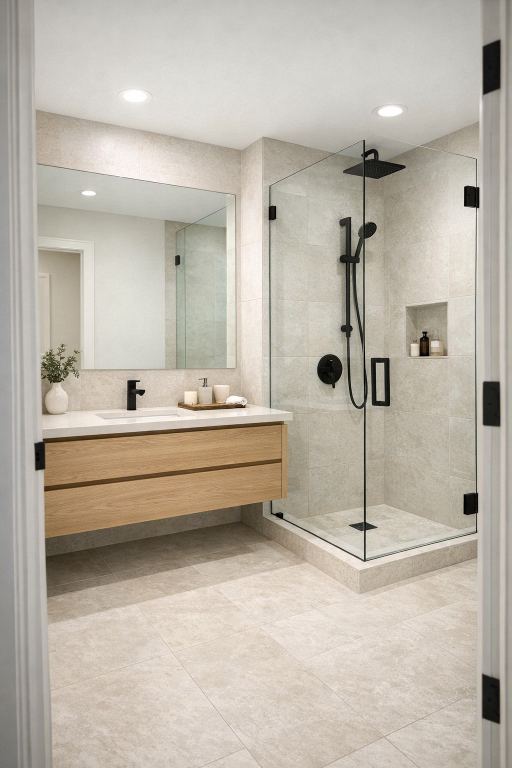 Spa-like bathroom with pale stone tile, floating oak vanity, clear glass shower, and a wide mirror