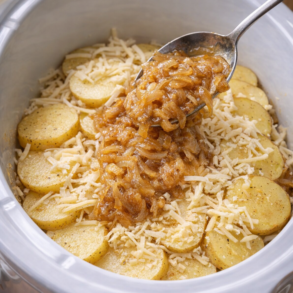 Layering potatoes cheese and onion butter in a slow cooker
