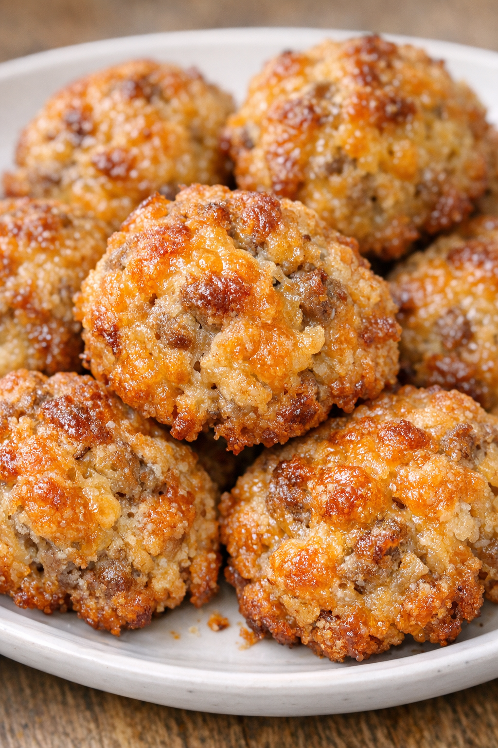 Southern sausage cheese balls on a white ceramic plate