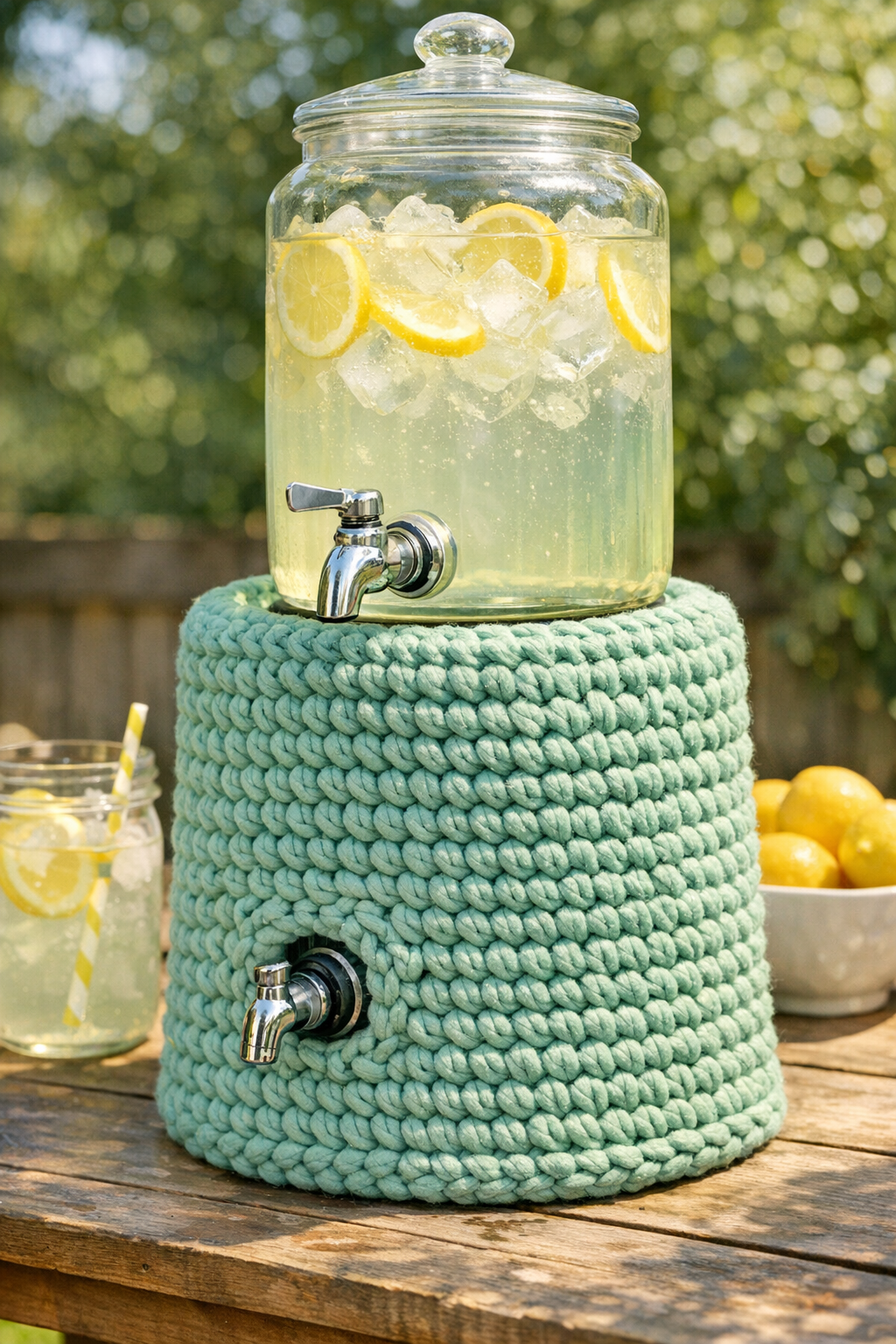 Finished crocheted outdoor drink dispenser stand with seafoam green cover