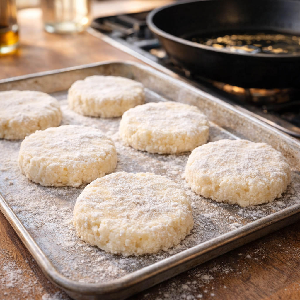 Formed potato patties waiting on a floured tray