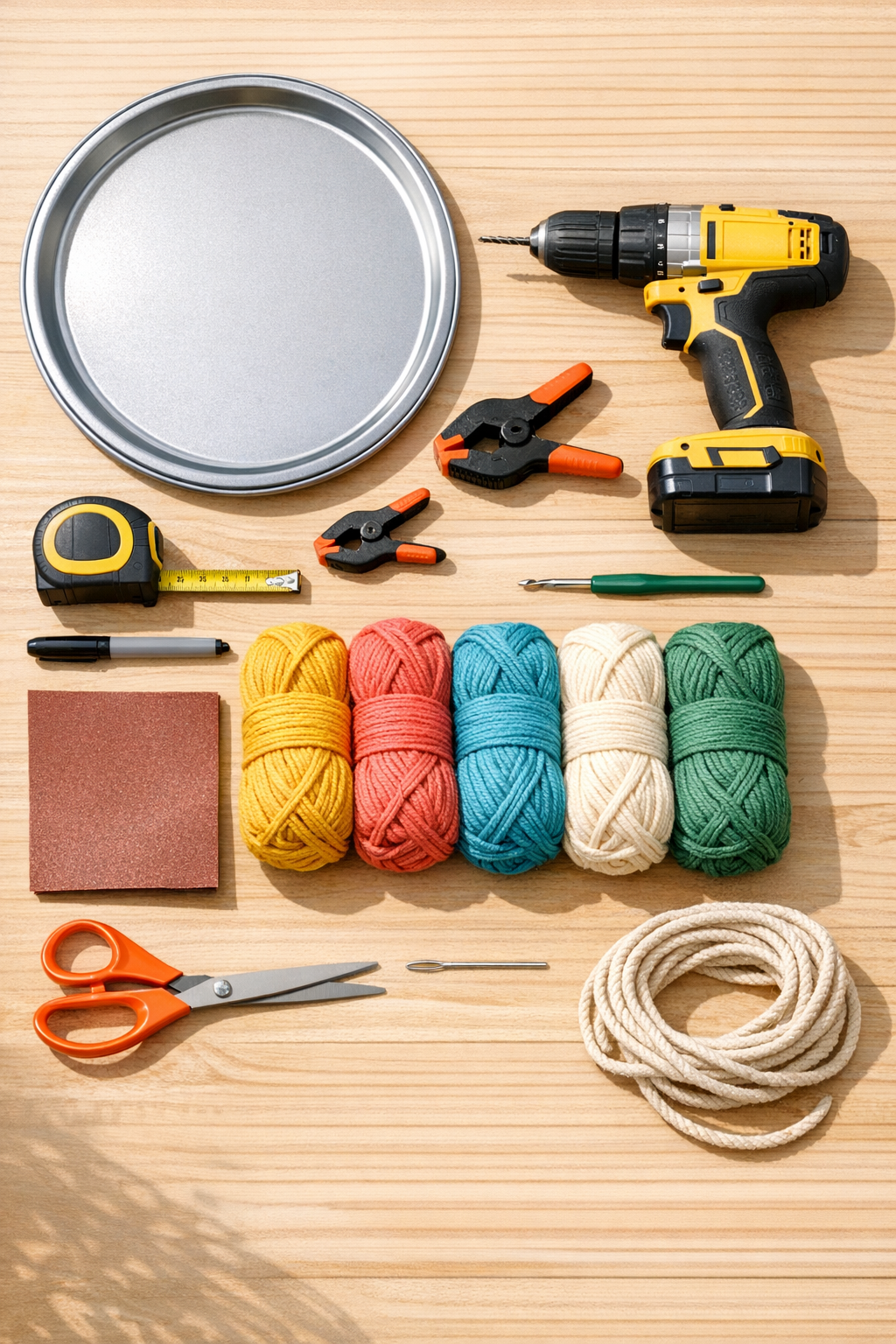 Materials for crochet pizza pan wall art laid out together