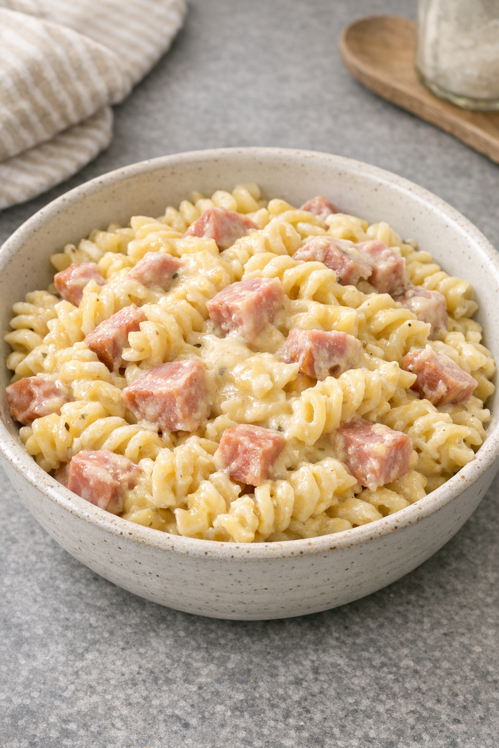 Finished creamy ham pasta plated in a rustic bowl