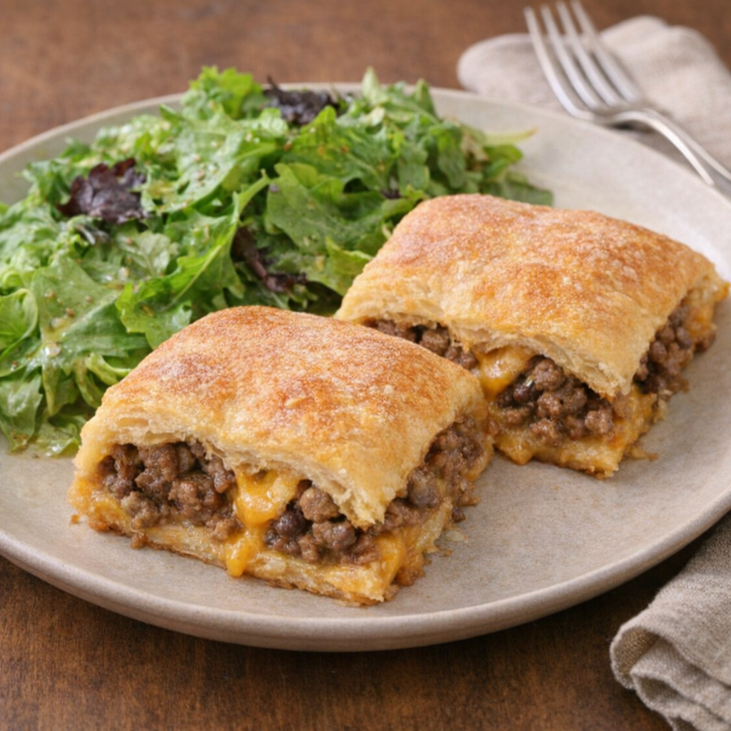 Beef crescent squares served on a plate with salad