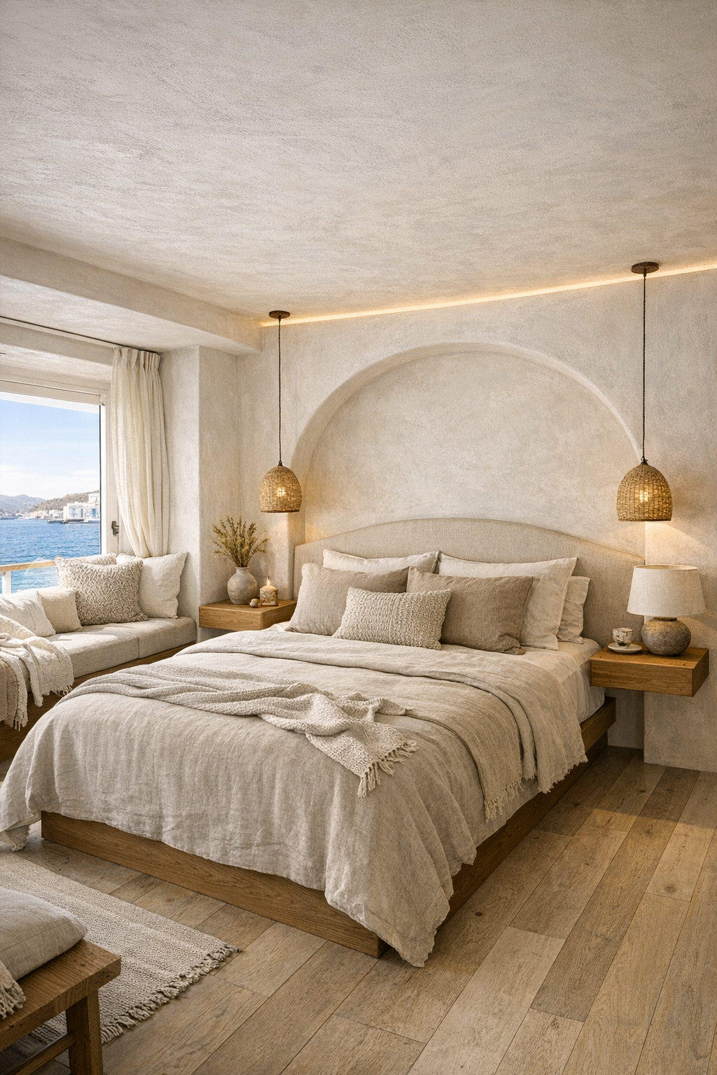 Serene bedroom with curved plaster headboard and oatmeal linen bed
