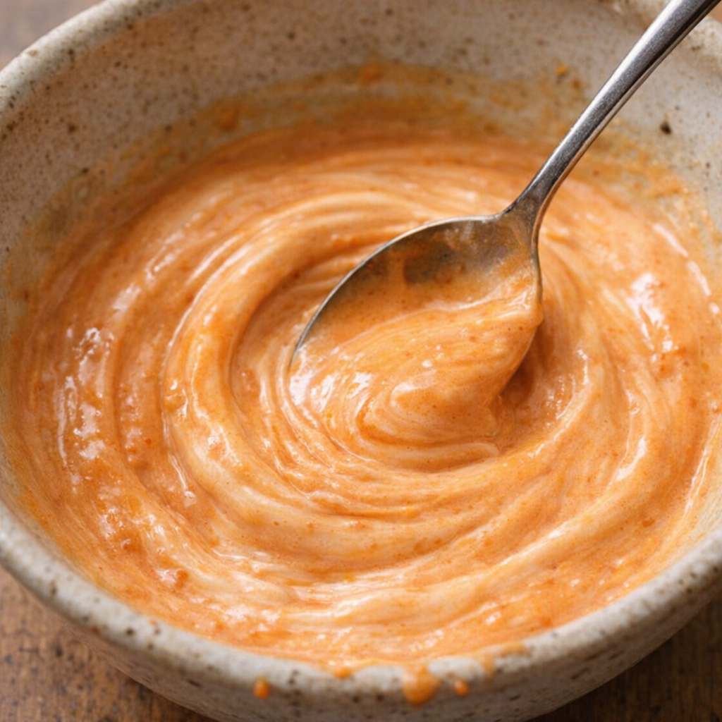 Close view of creamy orange sriracha mayo being stirred in a bowl