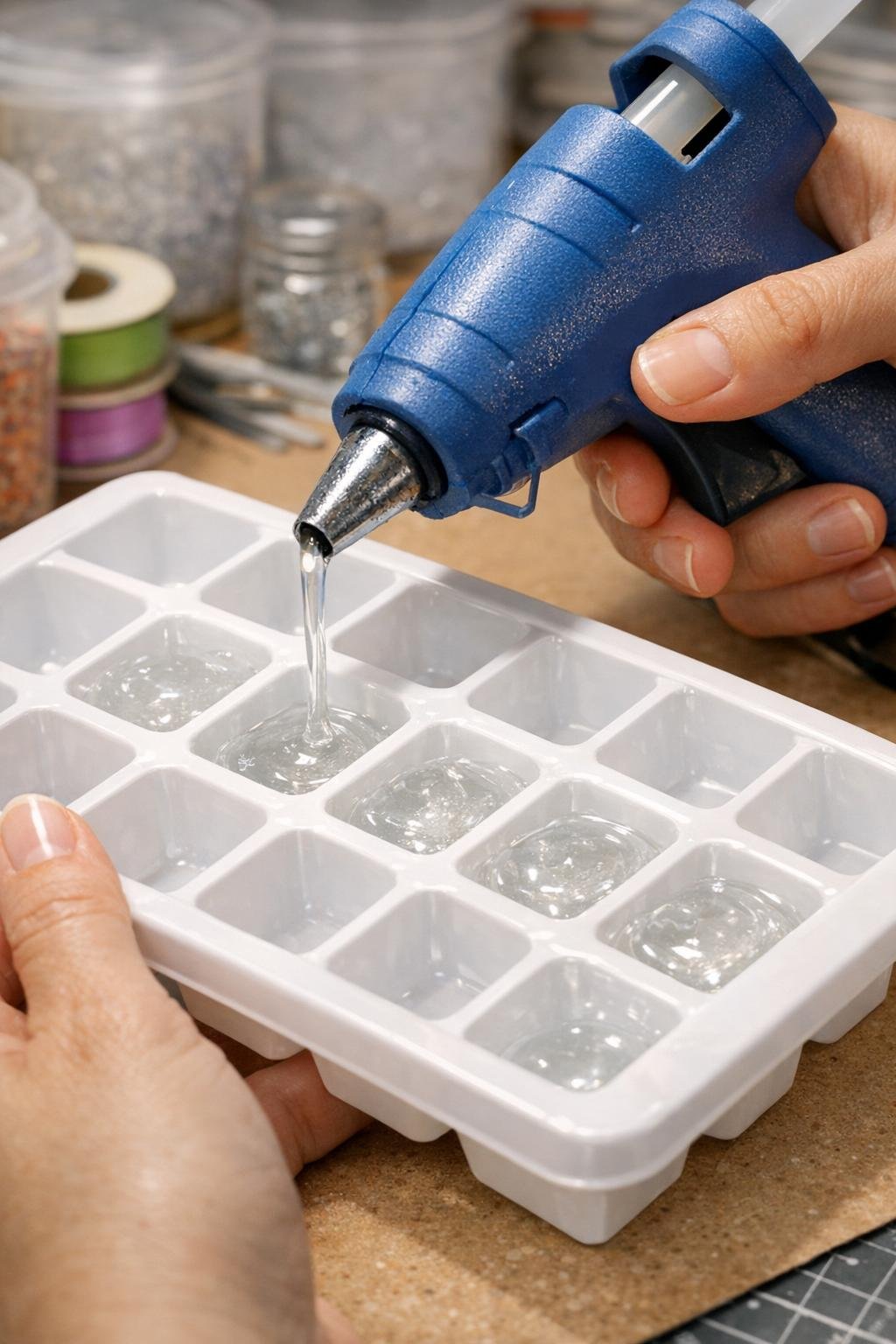 Hot glue being slowly squeezed into the wells of a white ice cube tray