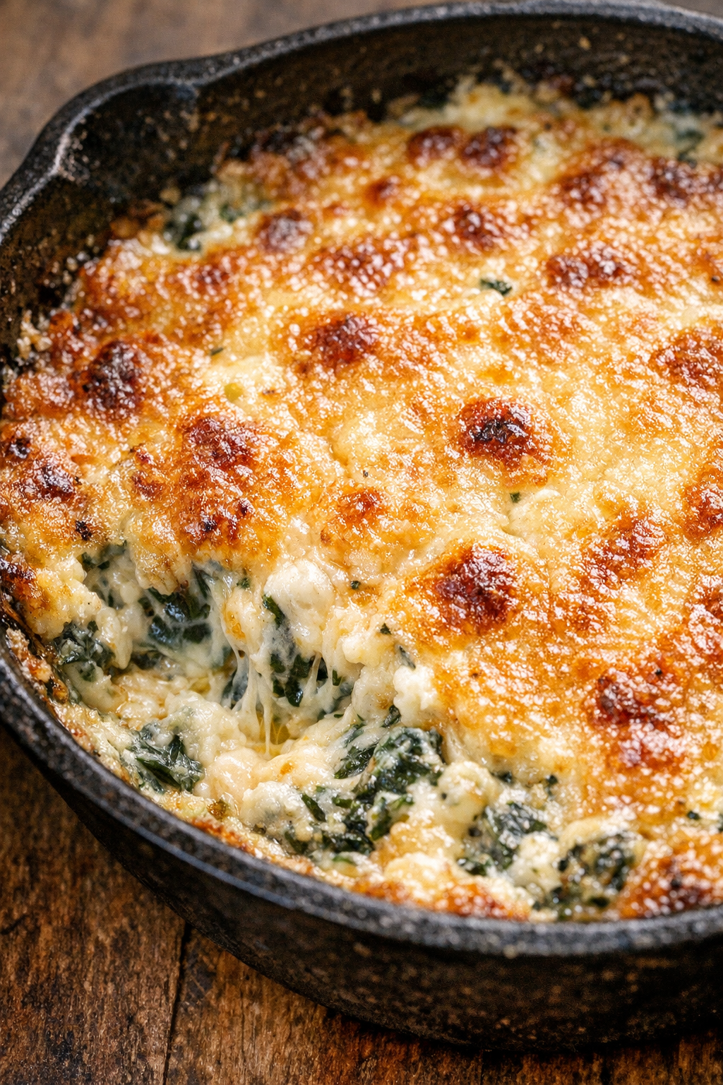 Finished baked spinach dip with golden cheesy top