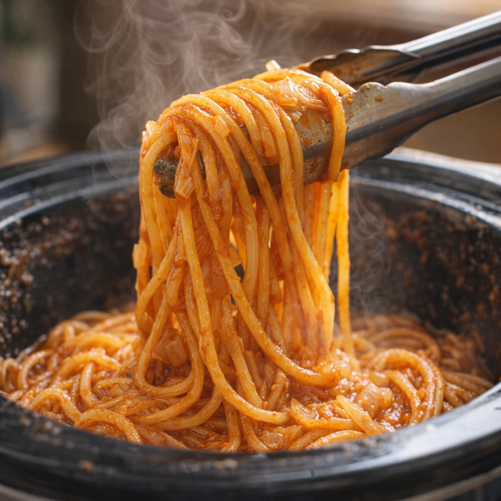 Tongs lifting glossy ketchup-coated spaghetti