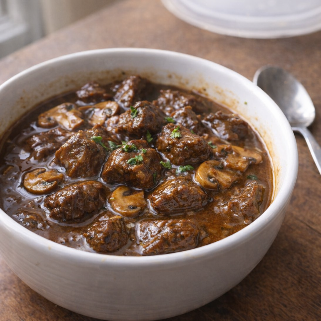 Reheated beef tips leftovers in a small bowl