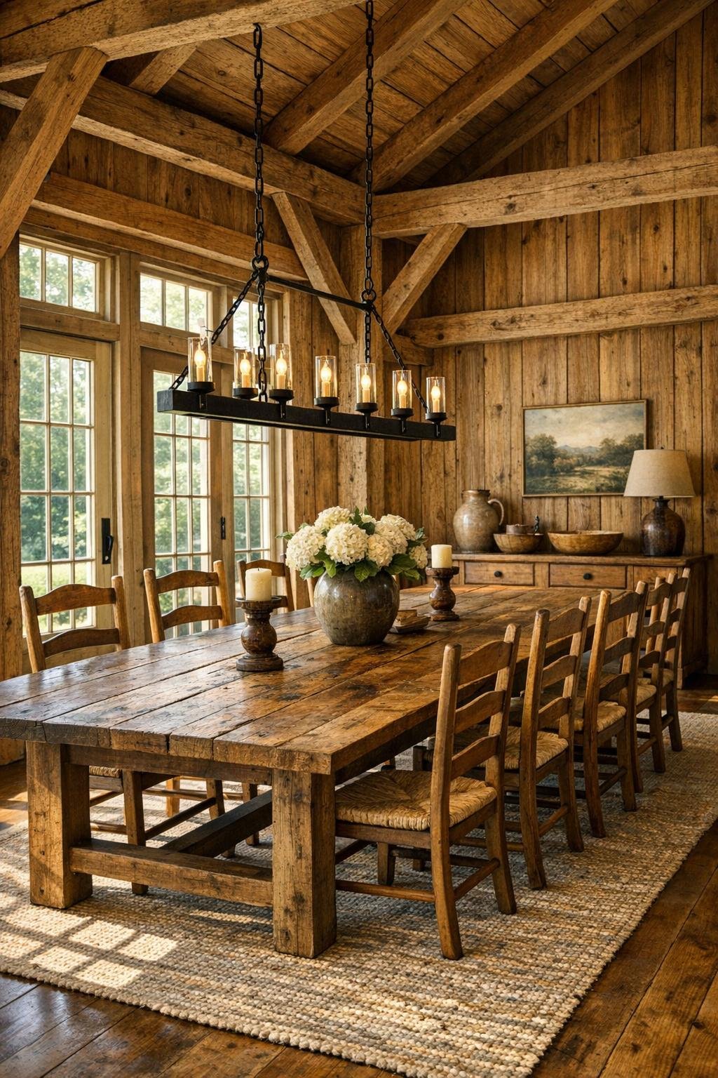 Farmhouse dining room with long wood table, ladder-back chairs, and iron chandelier
