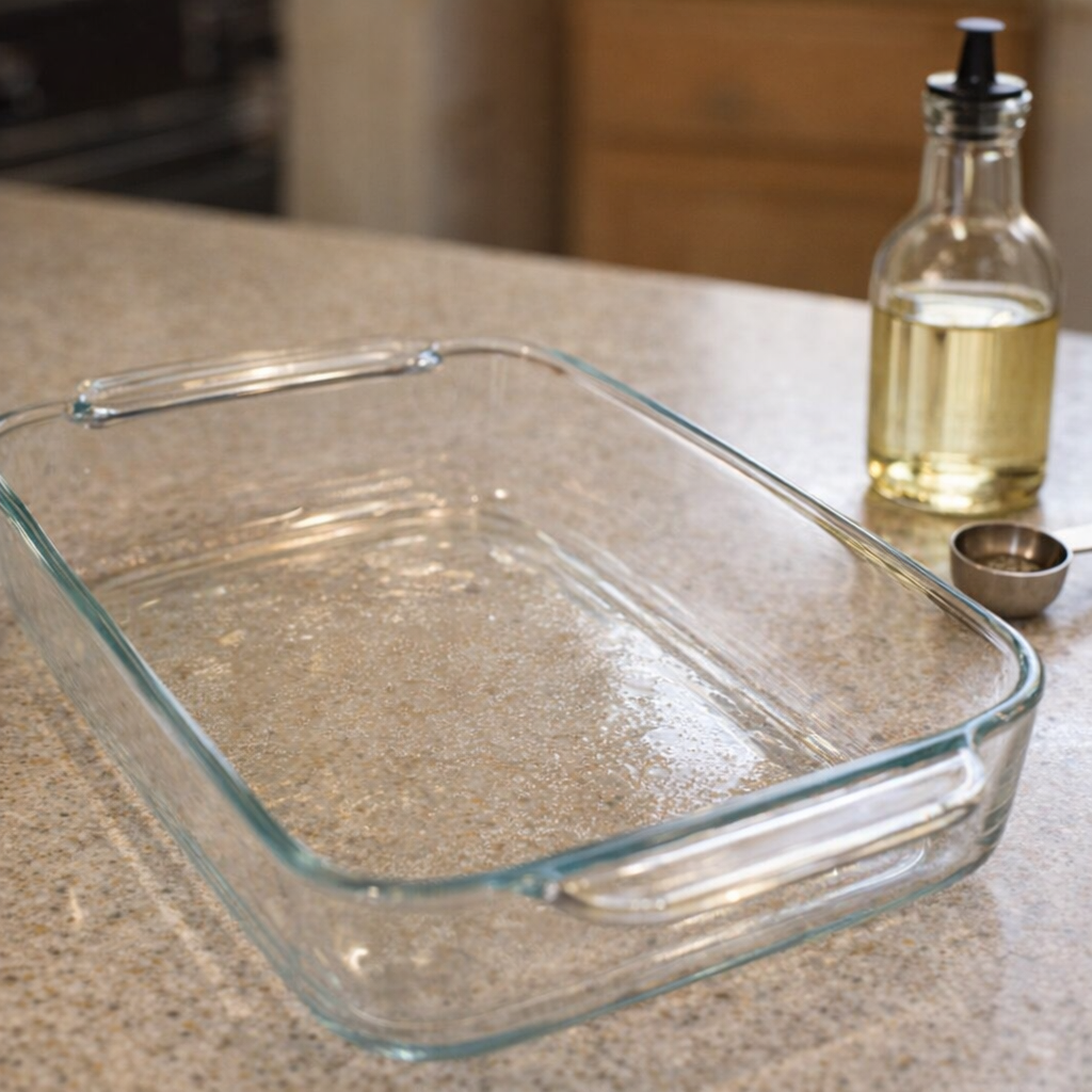 Greased glass casserole dish ready on kitchen counter