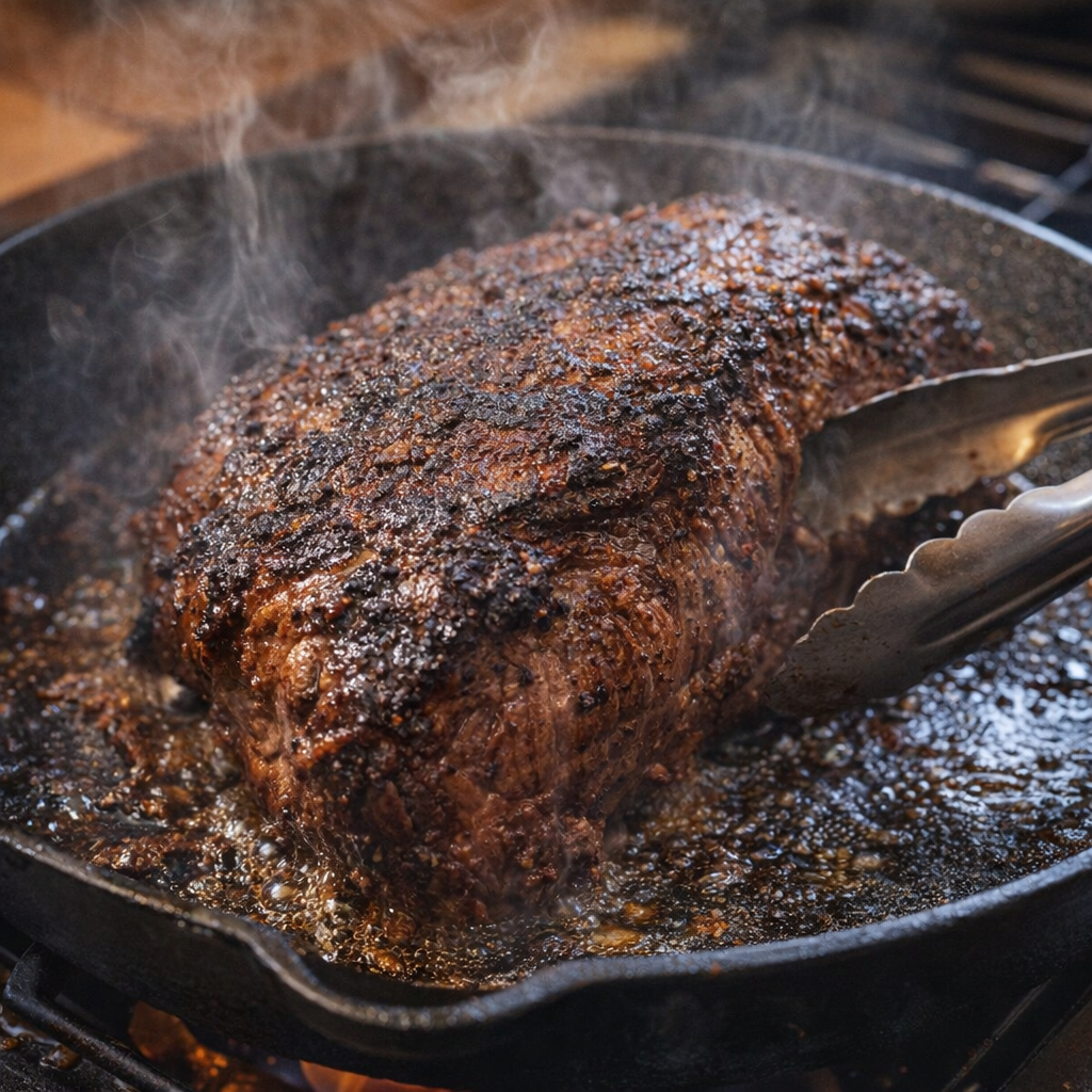 Chuck roast browning in a heavy skillet